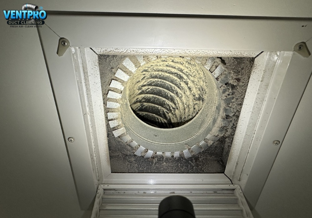 Dirty air duct buildup before cleaning compared with visibly cleaner airflow after professional service