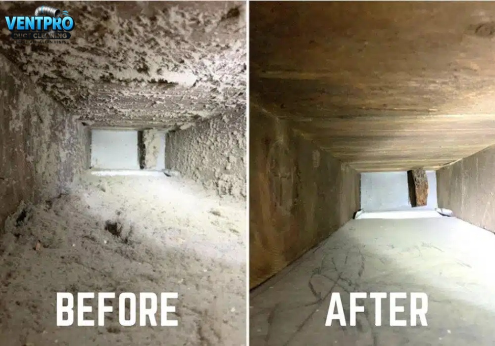 Before and after air duct cleaning shows heavy dust buildup removed from inside ductwork